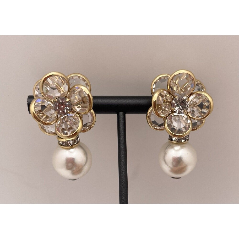 Bezel Set Crystal Flower Faux Pearl Goldtone Earrings for Women